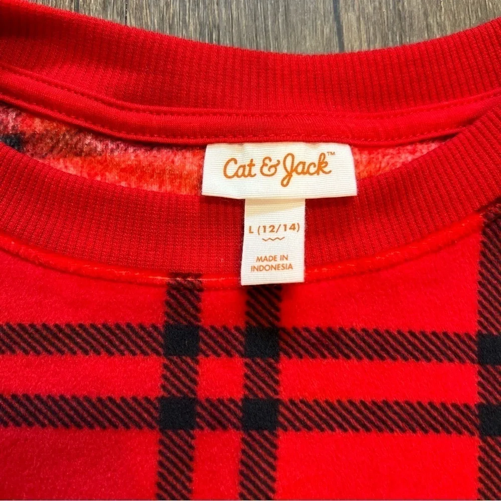 Girls Cat & Jack Red Plaid Soft Pijama Top Winter Christmas Holiday Size L 12/14